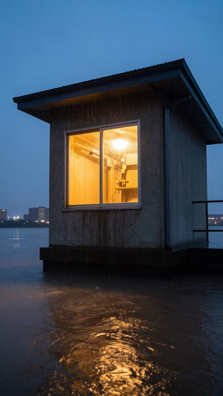 Glowing Pump House Window Over Flooded Houston Levee in along a levee path above floodwater near Houston
