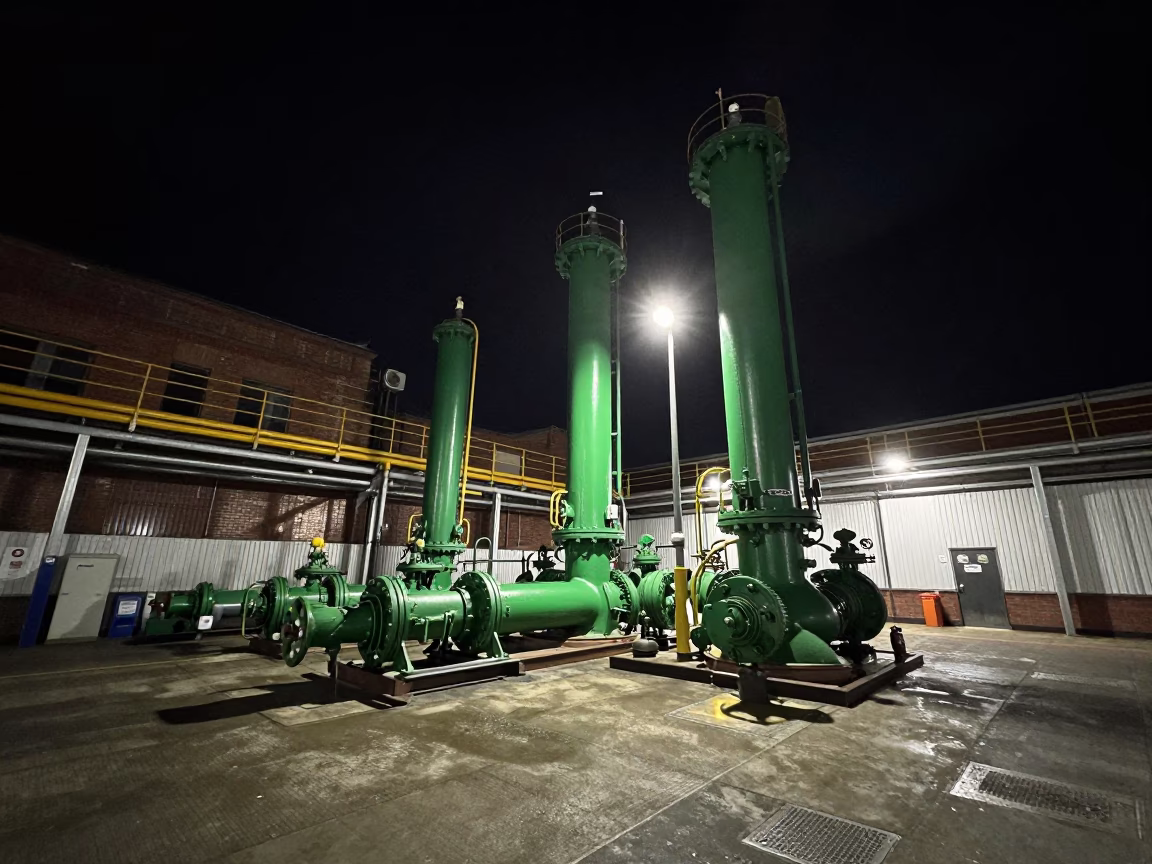 Pumping Station at Deep In The Night Light in Liverpool in in Liverpool, United Kingdom