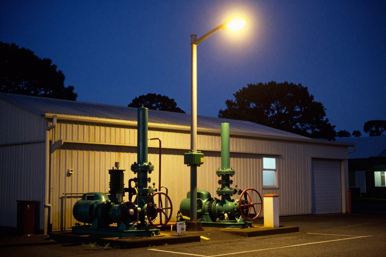 Pumping Station in Auckland at The Predawn Darkness Light in in Auckland, New Zealand
