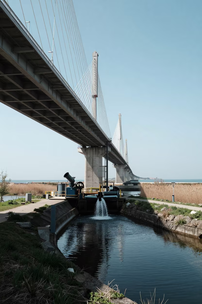Pumping Station Under Naples Cable-Stayed Bridge in under a cable-stayed bridge span in Naples