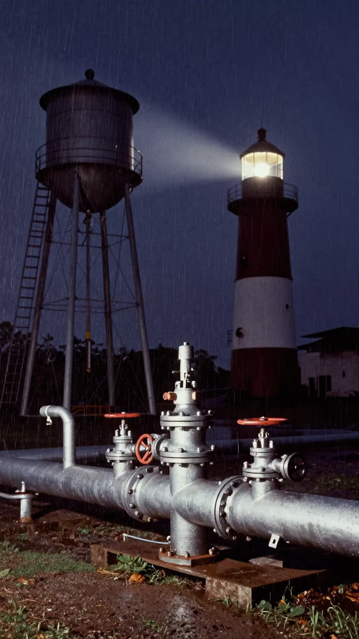 Pumping Station Pipes Under Night Lighthouse Light in beside a water tower ladder near Guayaquil