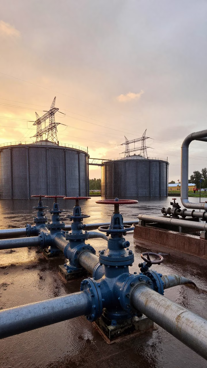 Pumping Station Pipes St Petersburg Reservoir Sunset in beneath transmission towers in St Petersburg