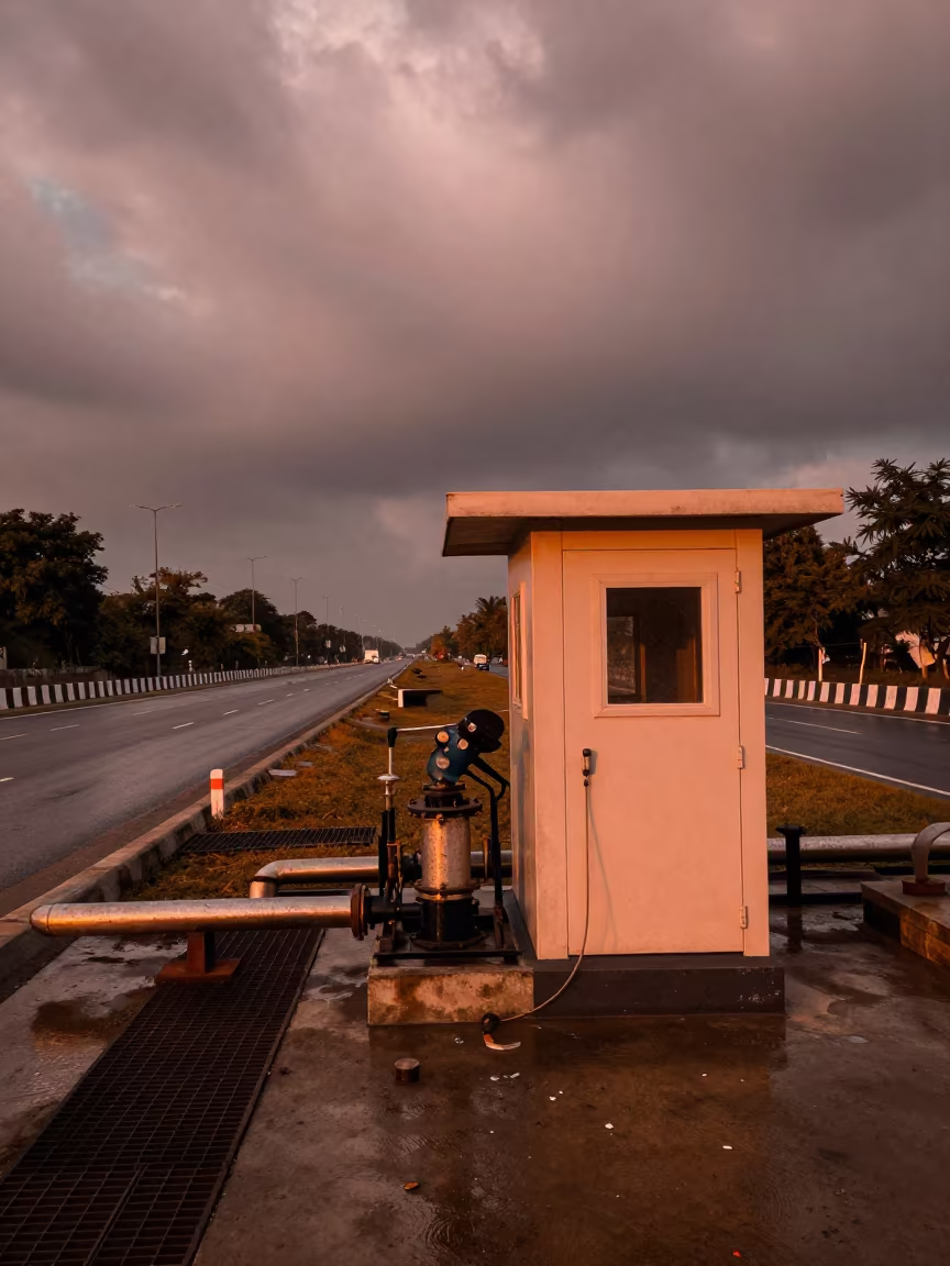 Pumping Station on Windy Overpass Before Dusk in across a windy overpass interchange near Bhagalpur