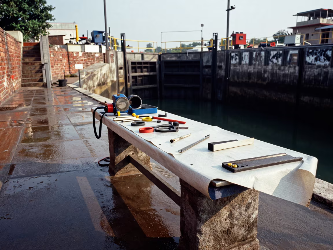 Pumping Station Workshop Bench Jamnagar Lock in at a canal lock chamber in Jamnagar