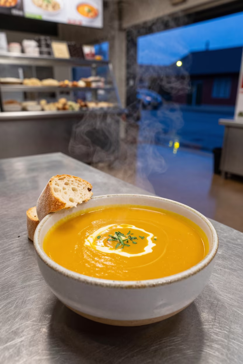 Pumpkin Soup and Bread at Sacaba Noodle Counter in at a noodle counter in Sacaba