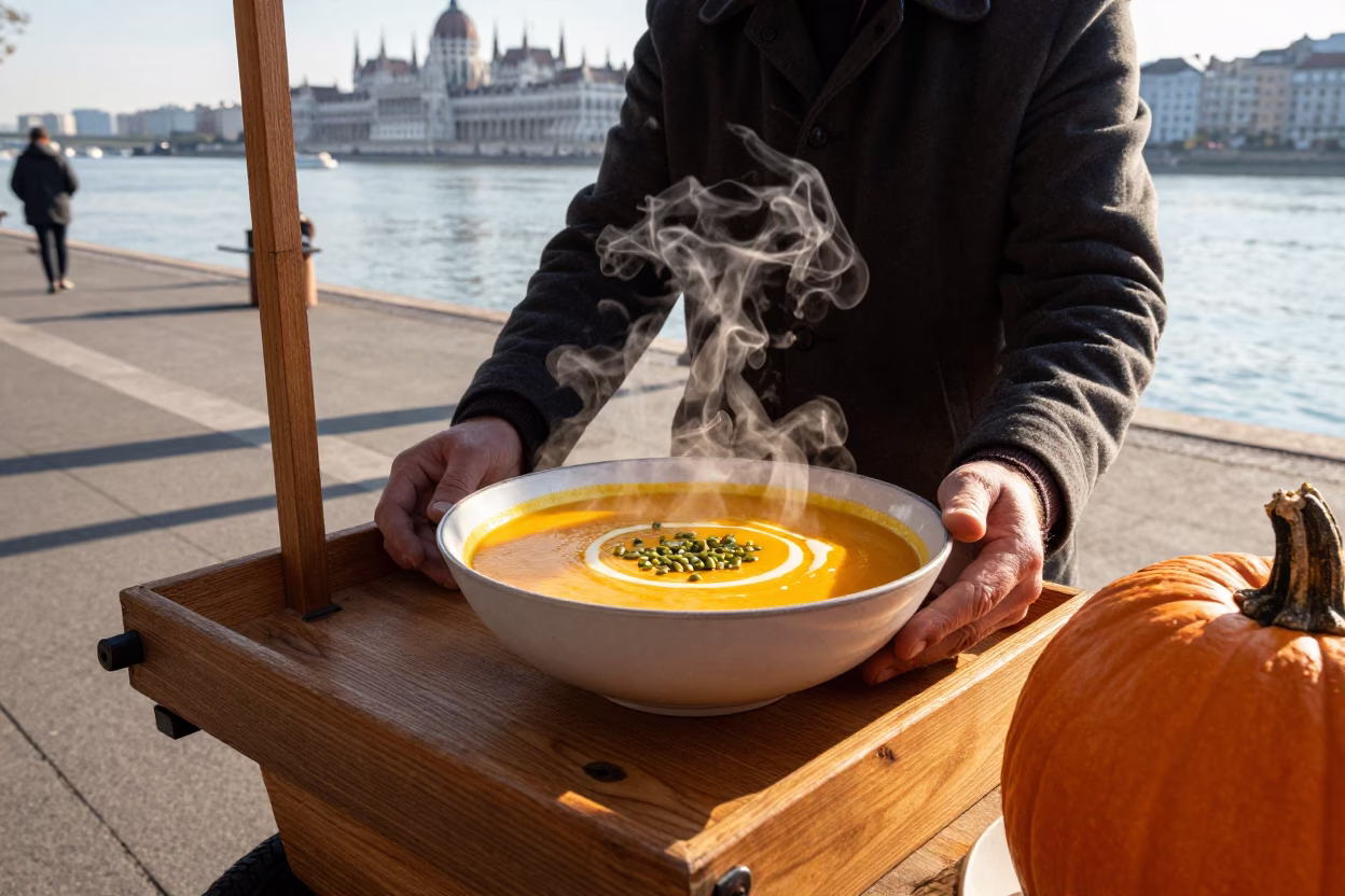Pumpkin Soup in Budapest at The Early Afternoon Light in in Budapest, Hungary