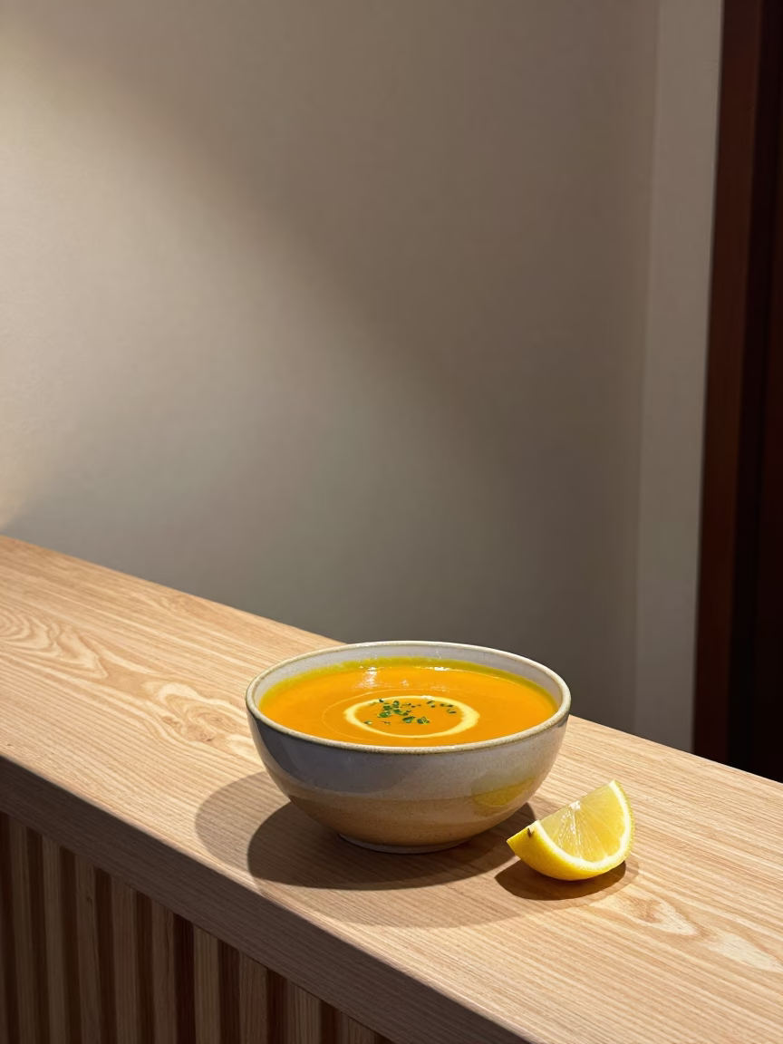 Pumpkin Soup and Lemon at Queretaro Noodle Counter in at a noodle counter in Queretaro