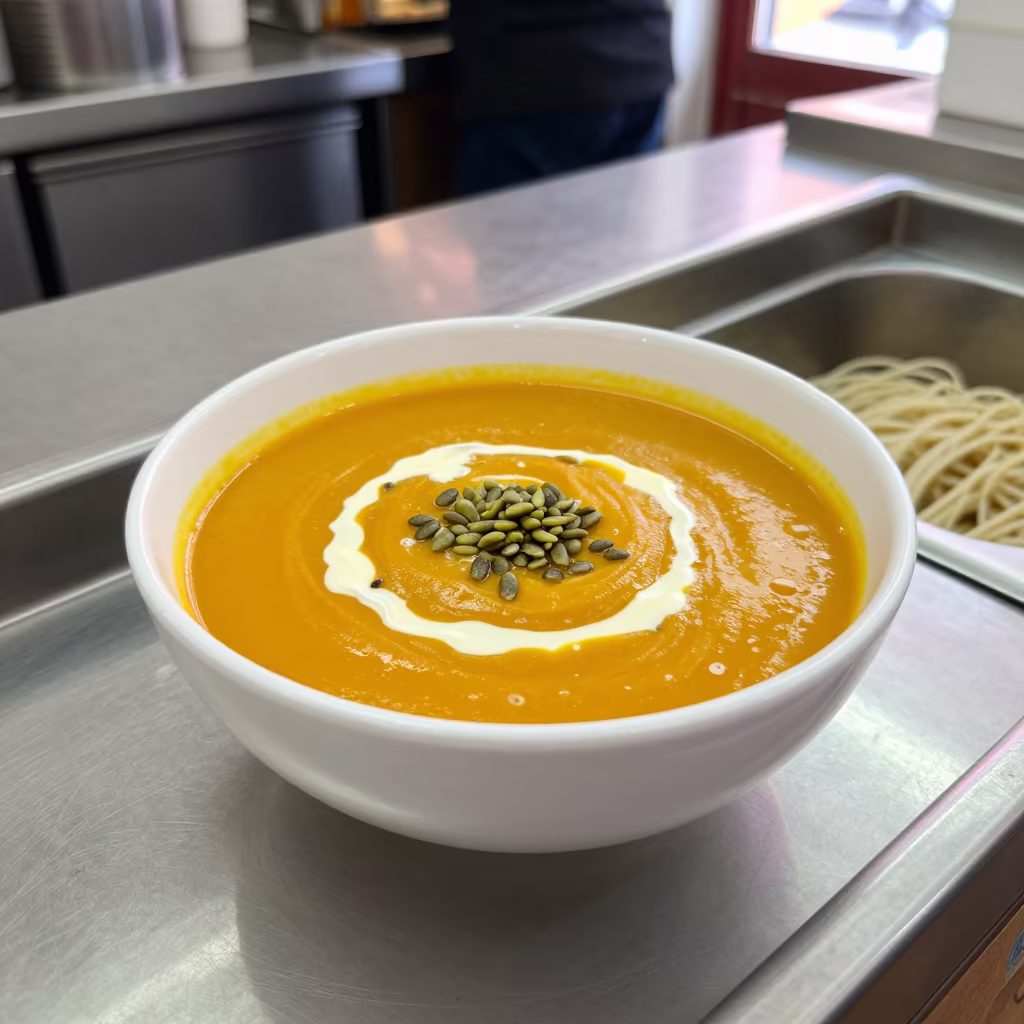 Pumpkin Soup with Pepitas at Mirpur Noodle Counter in at a noodle counter in Mirpur