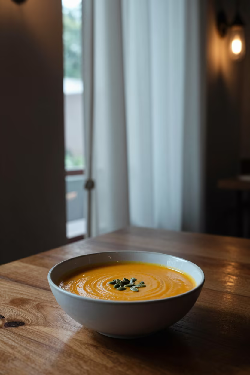 Pumpkin Soup with Pepitas in Tlaquepaque Window Light in on a small dining table by a window in Tlaquepaque