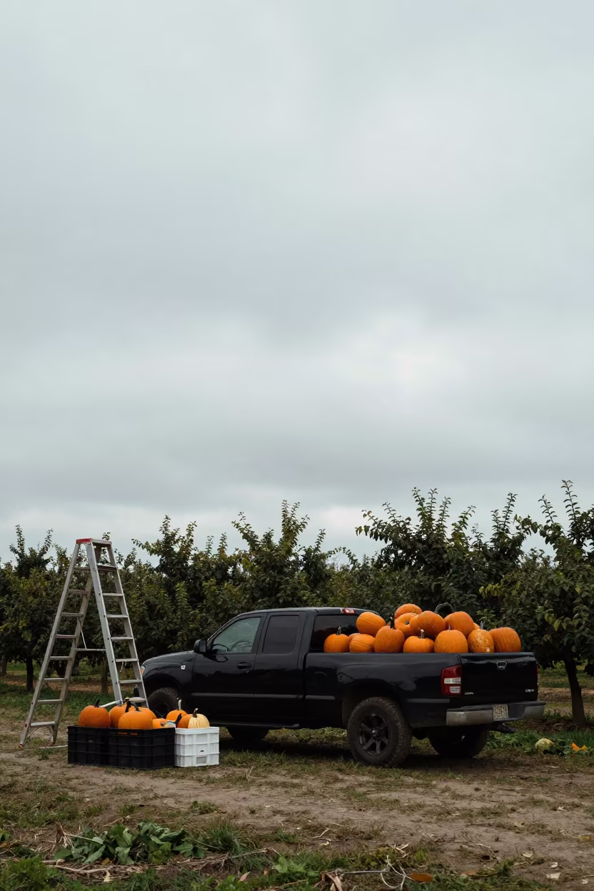 Pumpkin Truck Silhouette at Ejido Farm Stand in among orchard ladders and crates near Ejido