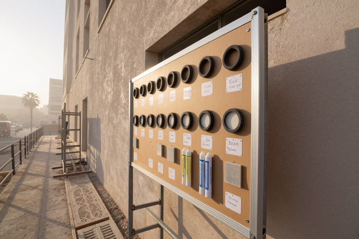 Punch Tag Board on Scaffold in Rishon LeZion Evening Mist in along a scaffolded facade near Rishon LeZion