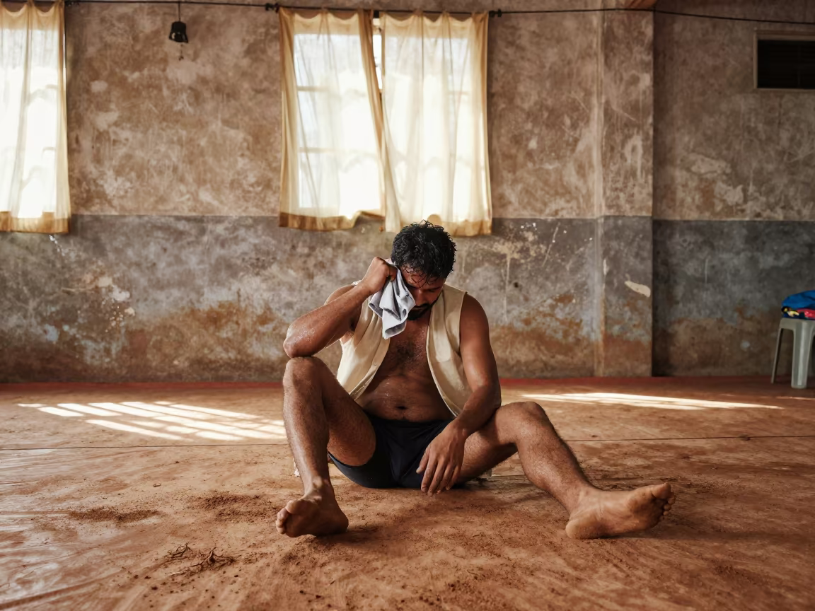 Pune Wrestler Wiping Sweat Between Rounds in in a market hall in Pune