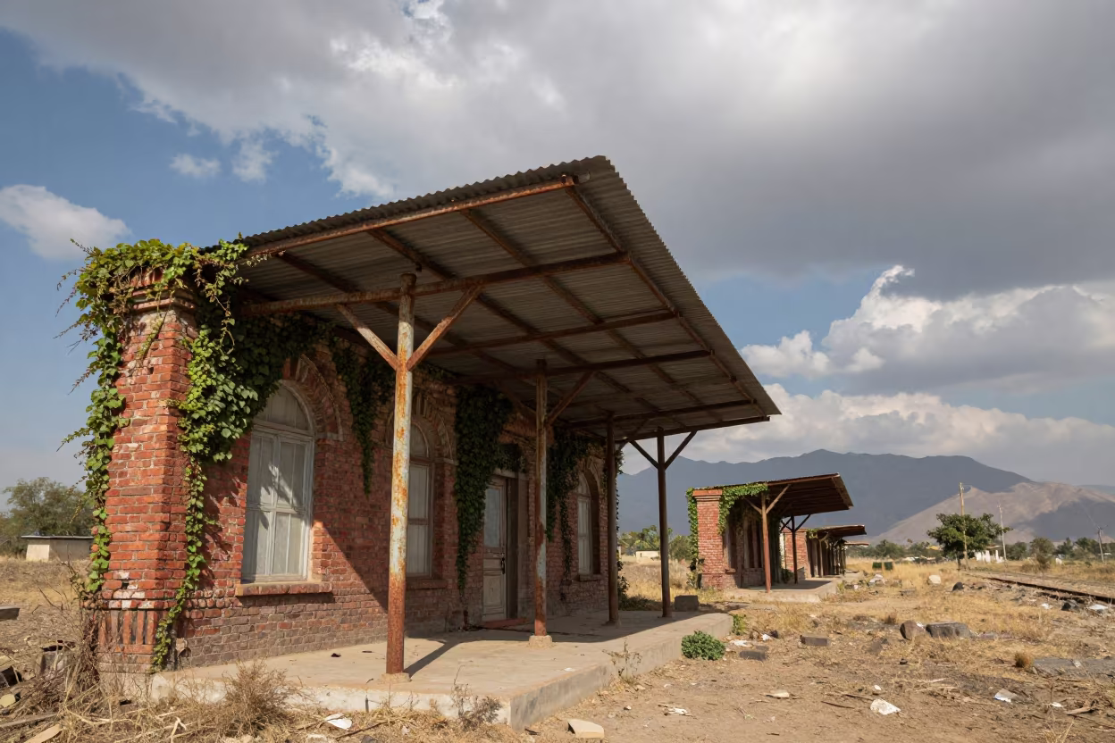 Punjab Station Ruin Under Noon Sun in beside ivy-draped masonry in Punjab