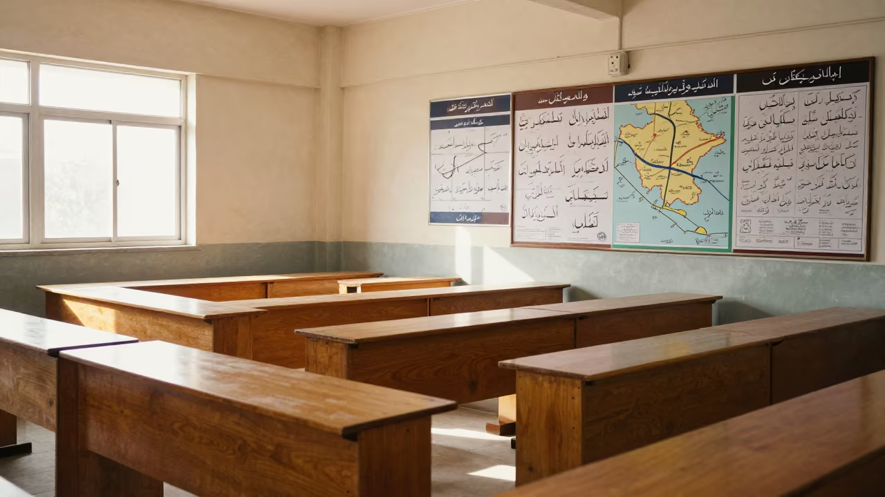 Punjabi Idiom Posters and Transit Maps in Lecture Hall in in a lecture hall before the crowd arrives near Jhang