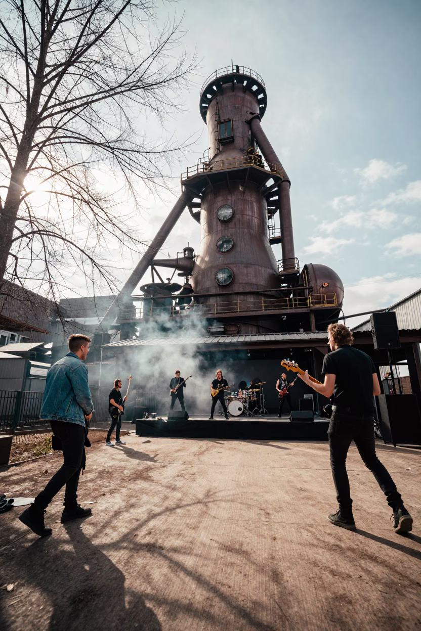 Punk Band Plays Beside Blast Furnace in Winter in beside a blast furnace near Hanover
