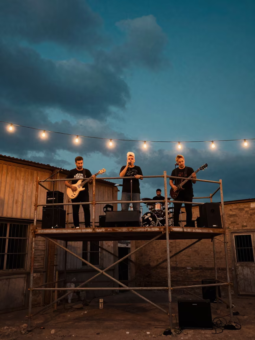 Punk Band Thrashing on Warehouse Stage Near Jisr in on a scaffold platform near Jisr ash-Shughur