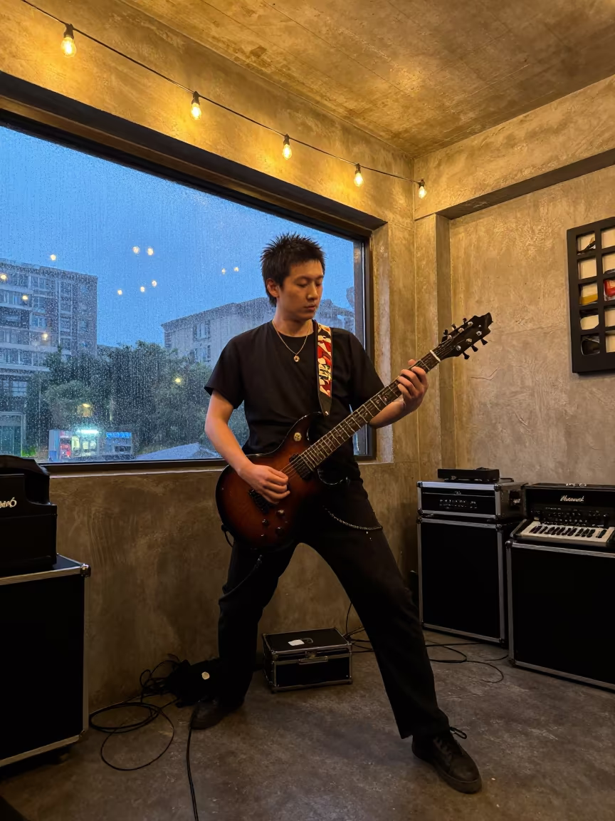 Punk Guitarist Smashes Chord in Urumqi Garage in in a rehearsal room in Urumqi