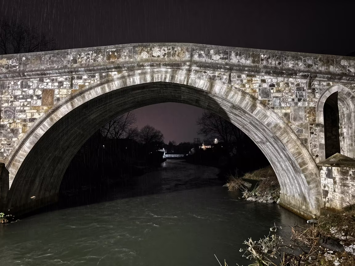 Punt Under Gothic Bridge in Winter Bulgaria Night in along a switchback approach in Bulgaria