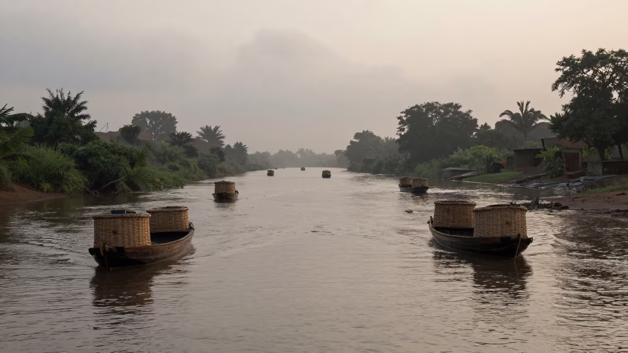 Punt with Picnic Hampers on Misty River Dawn in along a switchback approach in Burkina Faso