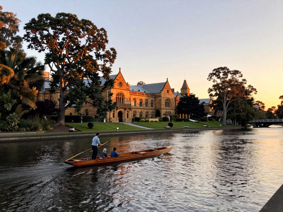 Punt Poling Past Yarra College Gardens in Melbourne at Sunset in in Melbourne, Victoria, Australia