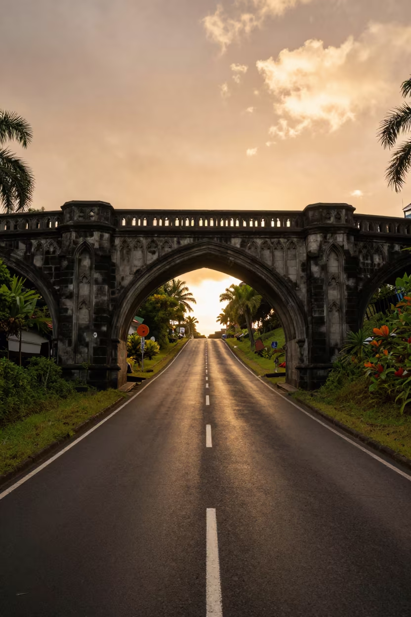 Punt Under Gothic Bridge Mauritius Sunset in along a switchback approach in Mauritius