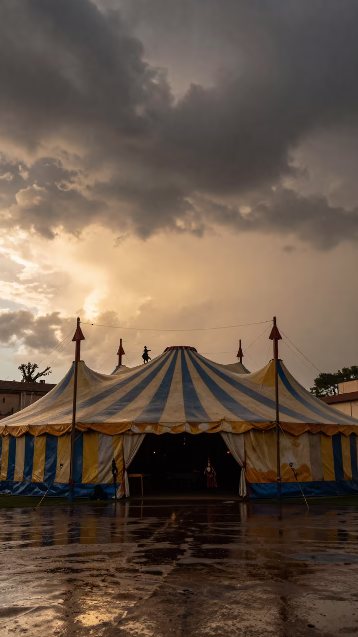 Puppet Show Tent Striped by Late Afternoon Sun in under a circus tent in Perugia
