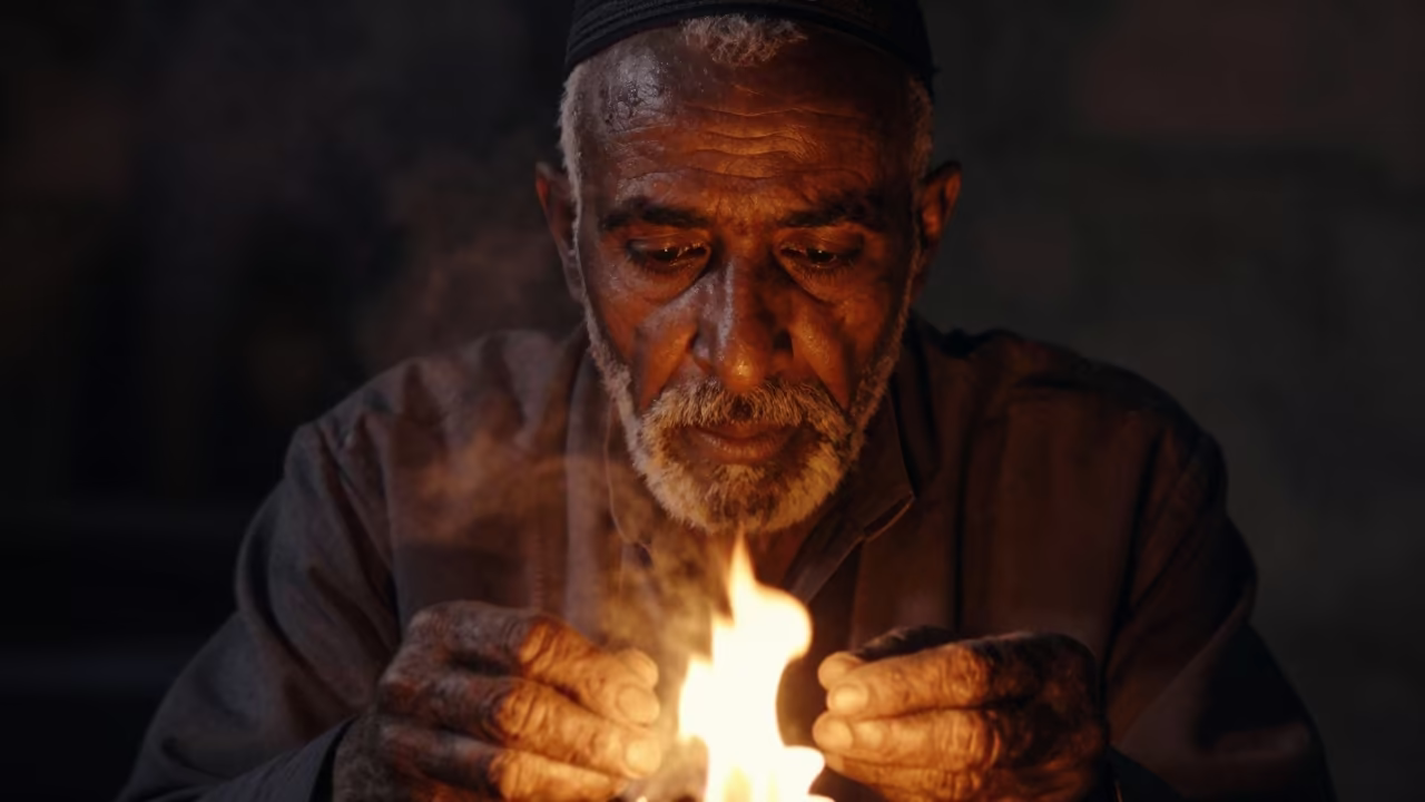 Puppeteer with Callused Fingertips in Night Firelight in near Sidi Bel Abbès