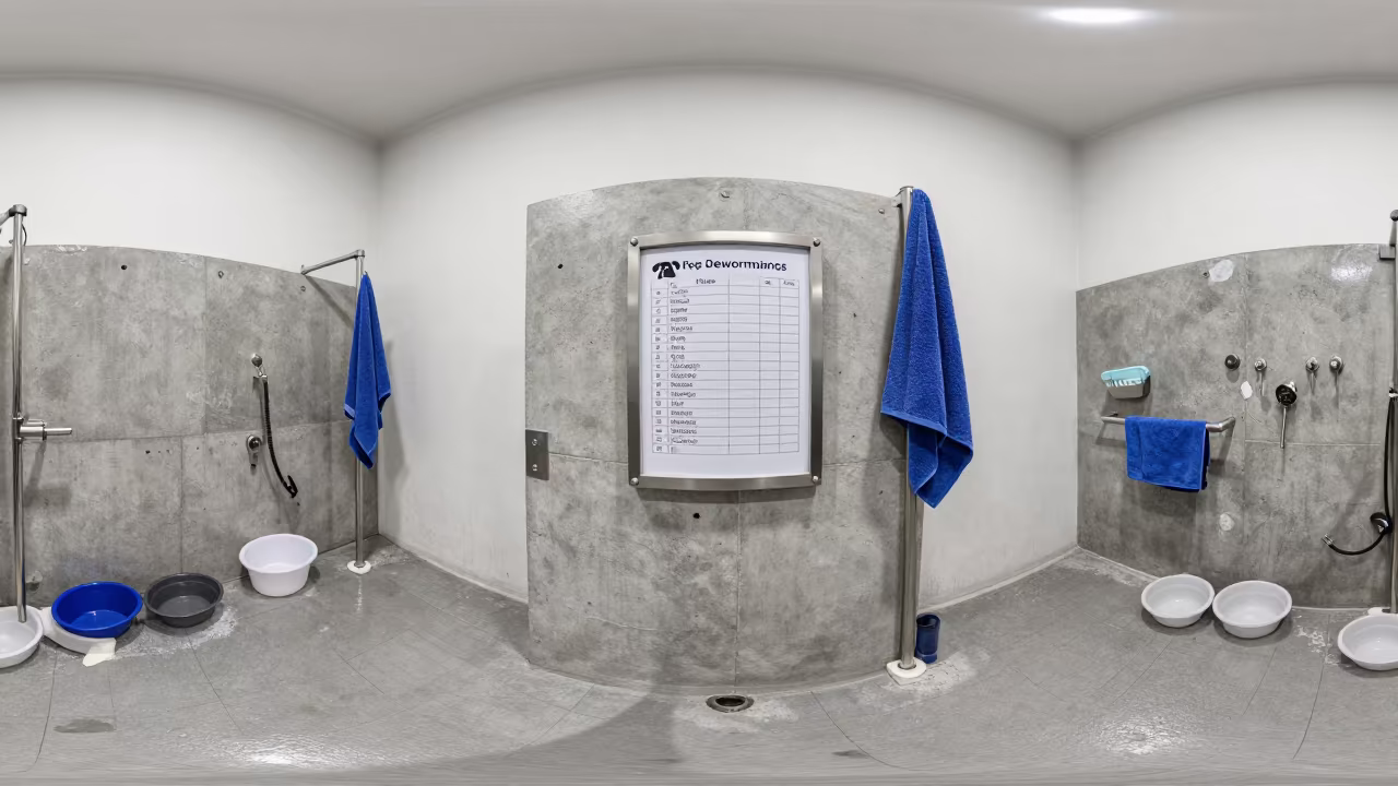 Puppy Deworming Chart Stand at Ibarra Dog Wash in at a self-serve dog wash station in Ibarra