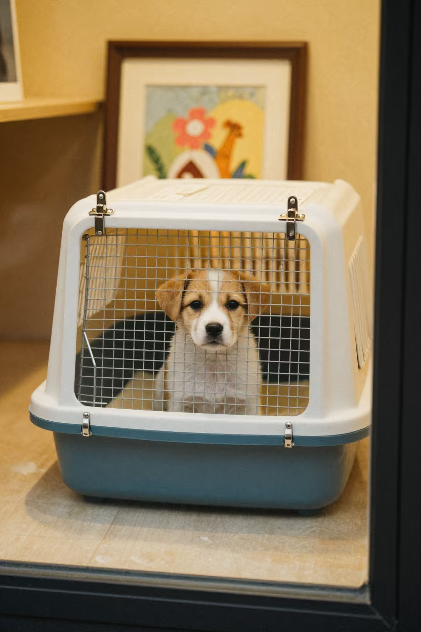 Puppy Litter Box Backdrop Clamp Setup in inside an adoption room near Wenzhou