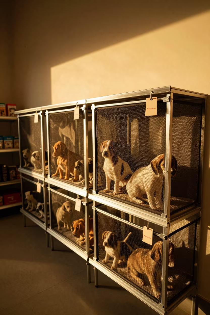 Puppy Litter Backdrop Clamp Box Golden Hour in inside a pet store aisle near Maroua