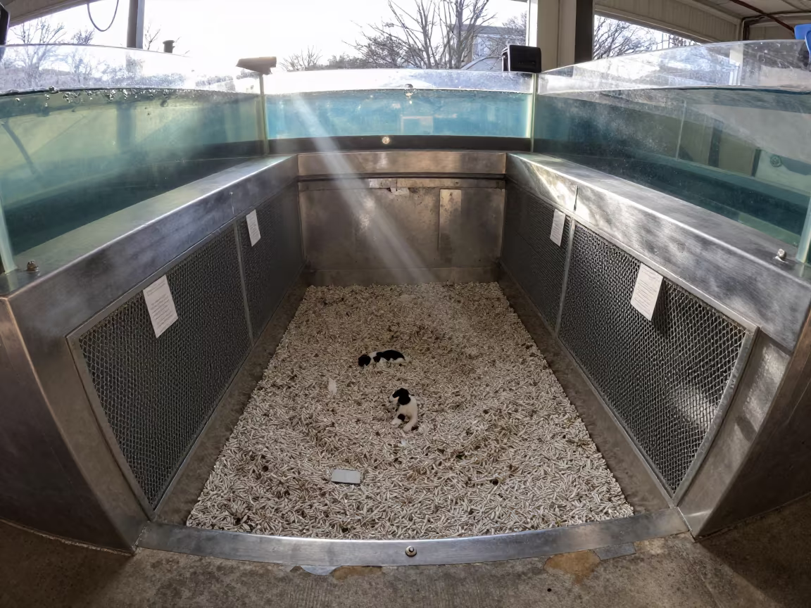 Puppy Litter Box Under Soft Winter Light in inside a fish bagging counter zone in Asheville