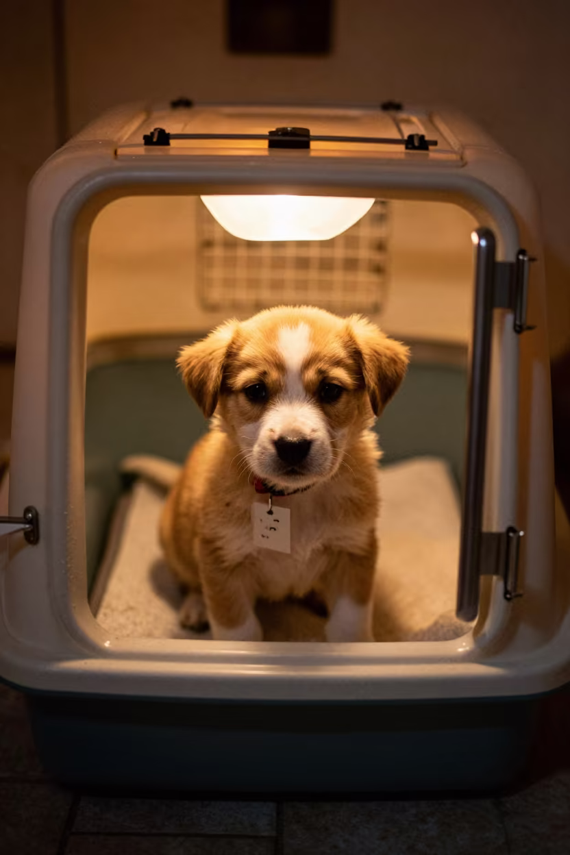 Puppy Litter Box Under Warm Kennel Lighting in inside an adoption room near Sadarghat, Dhaka