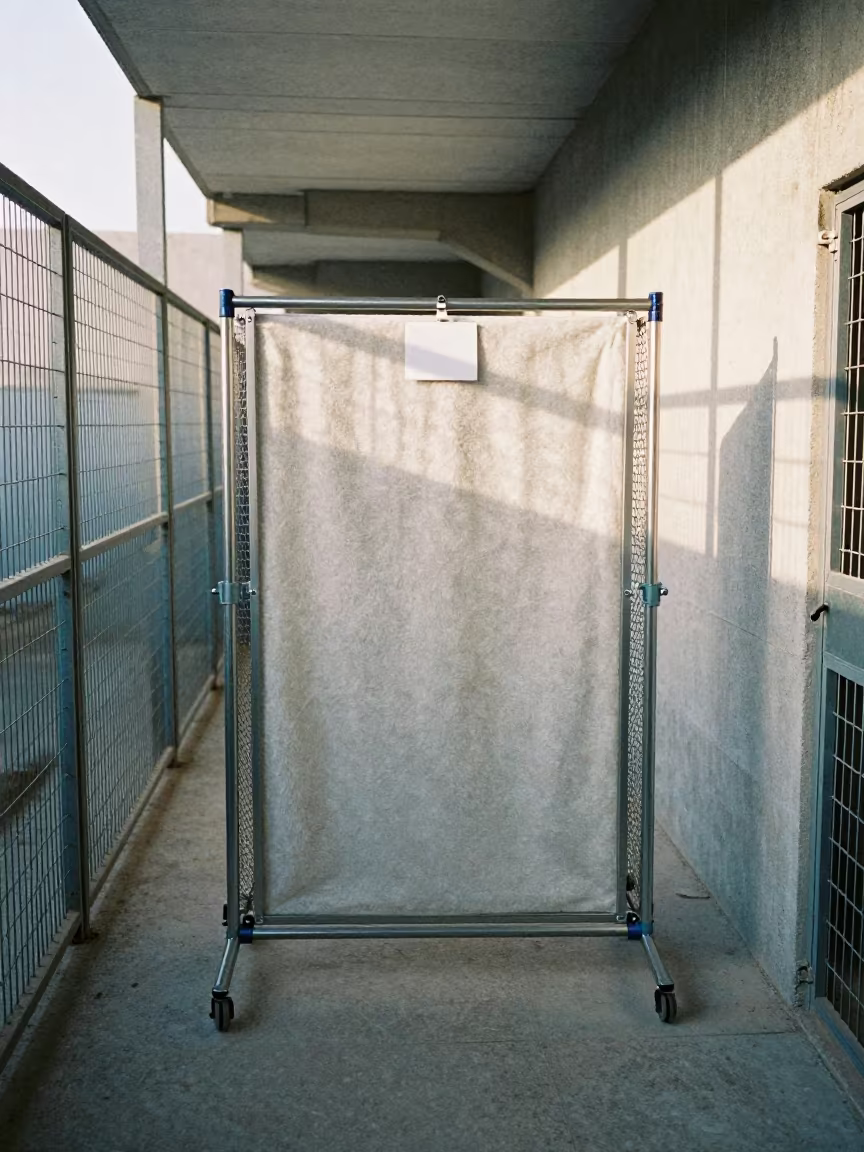 Puppy Litter Photo Backdrop Clamp Box in in a boarding kennel corridor in Karbala
