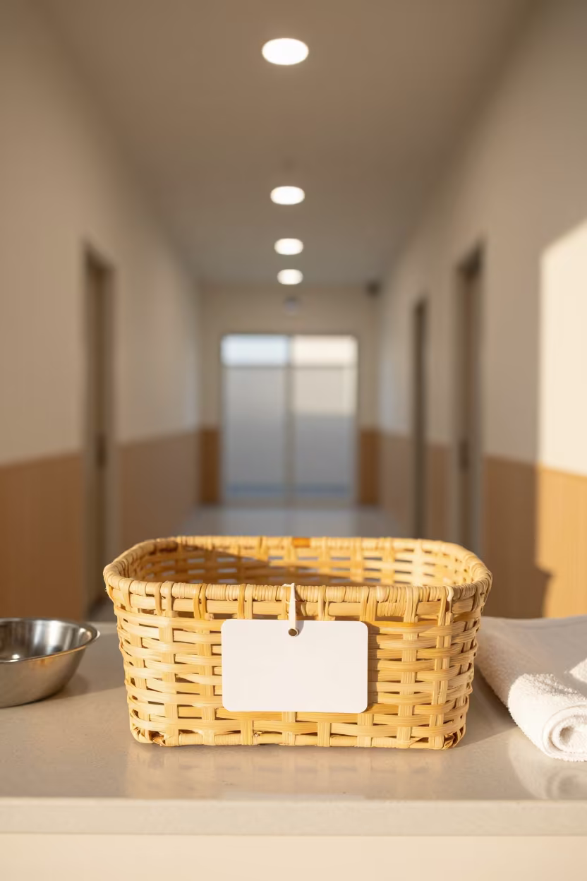 Puppy Name Tag Basket in Naha Kennel Corridor in in a boarding kennel corridor in Naha