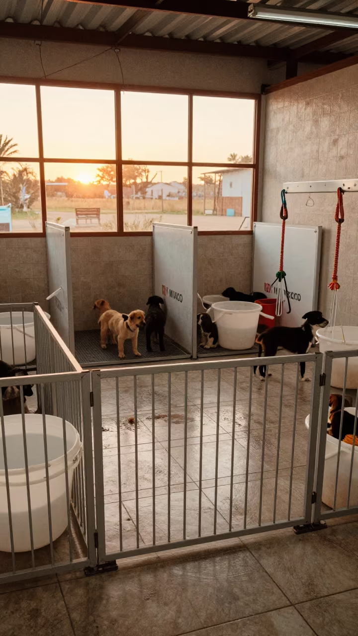 Puppy Pen at Mixco Dog Wash with Buckets in at a self-serve dog wash station in Mixco
