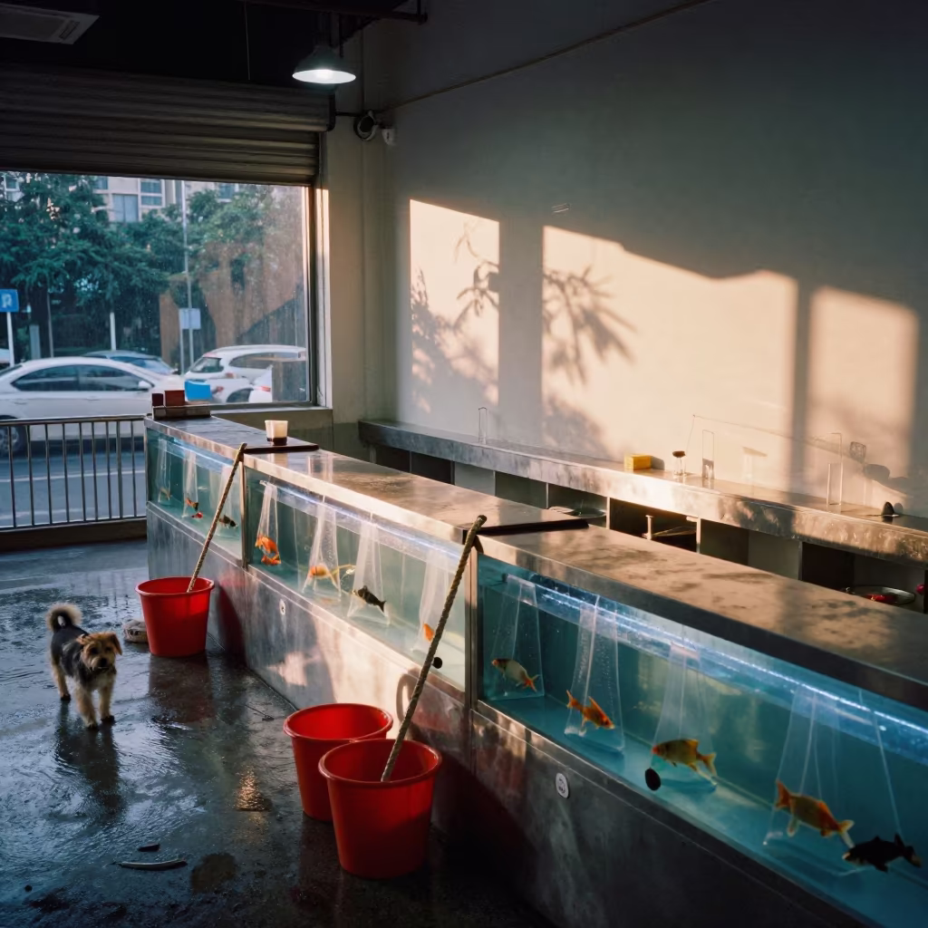 Puppy Pen in Shenzhen Fish Bagging Zone Evening in inside a fish bagging counter zone in Shenzhen