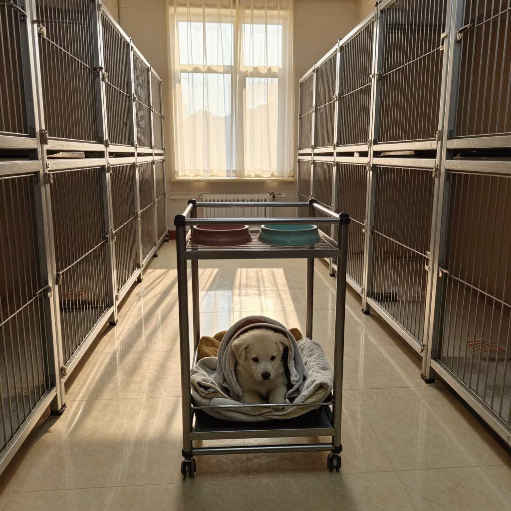 Puppy Prop Cart in Dawn Light Harbin Kennel in in a boarding kennel corridor in Harbin
