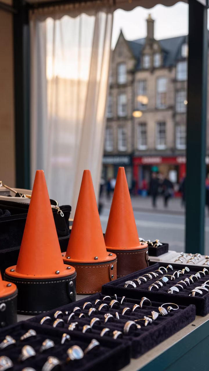 Puppy Ring on Jewelry Counter at Dawn in at a jewelry counter inside a covered bazaar in Royal Mile, Edinburgh