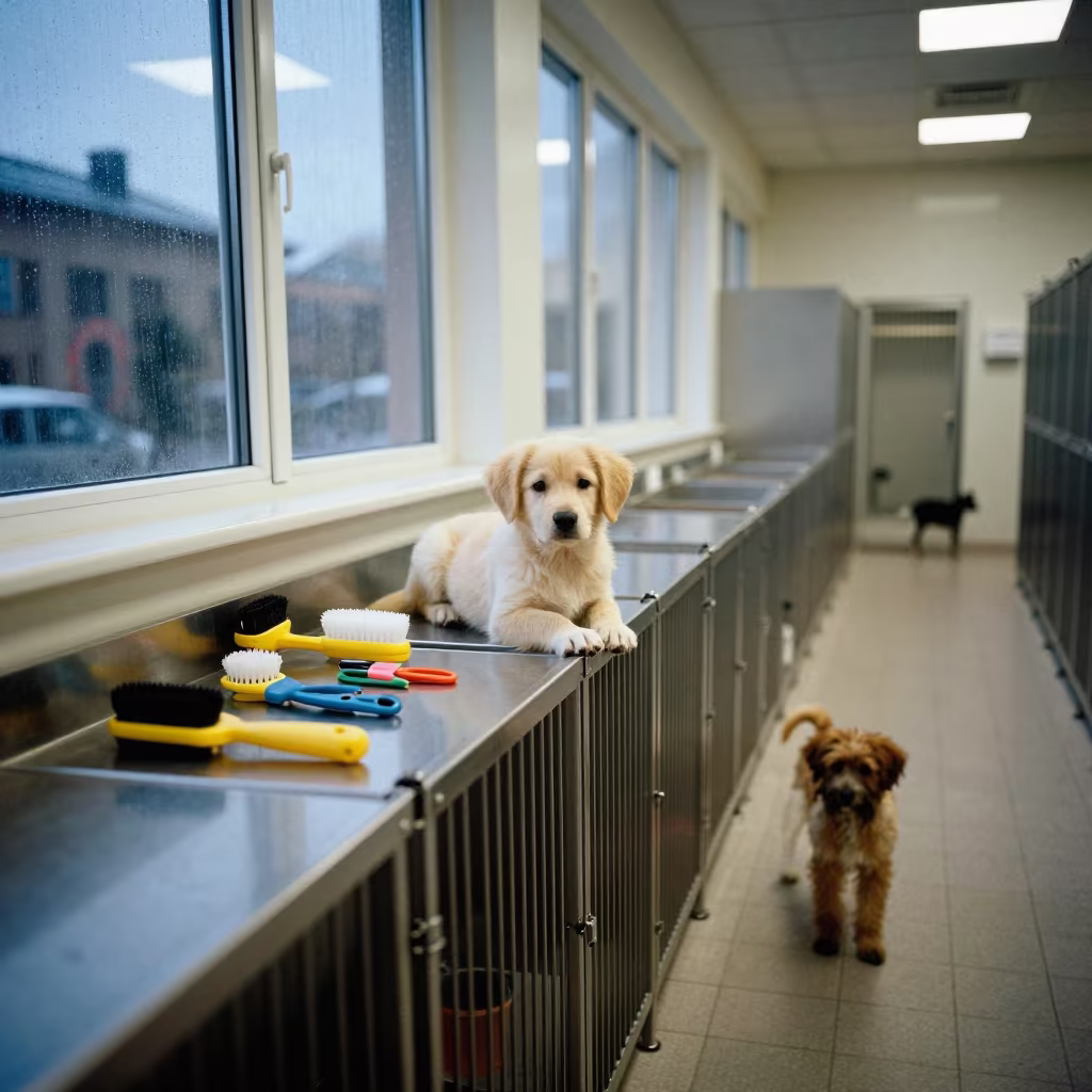 Puppy Pen Brushes Tools Evening Neon in in a boarding kennel corridor near Vantaa