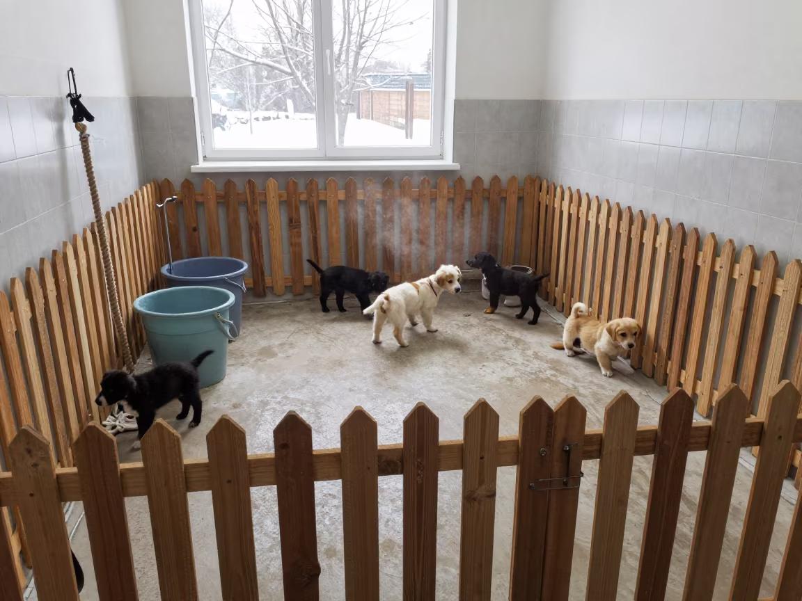 Puppy Socialization Pen with Mop Buckets in inside a grooming bay in Odessa