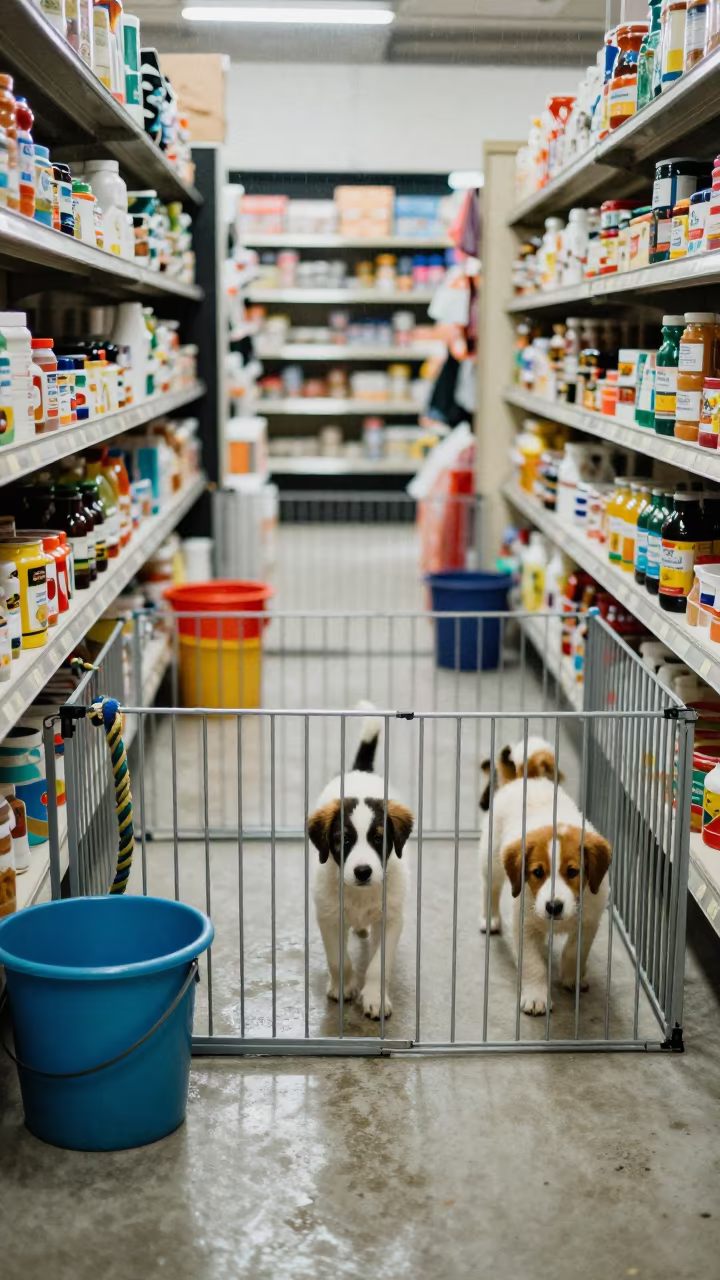 Puppy Socialization Pen with Mop Buckets in inside a pet store aisle in Ludhiana