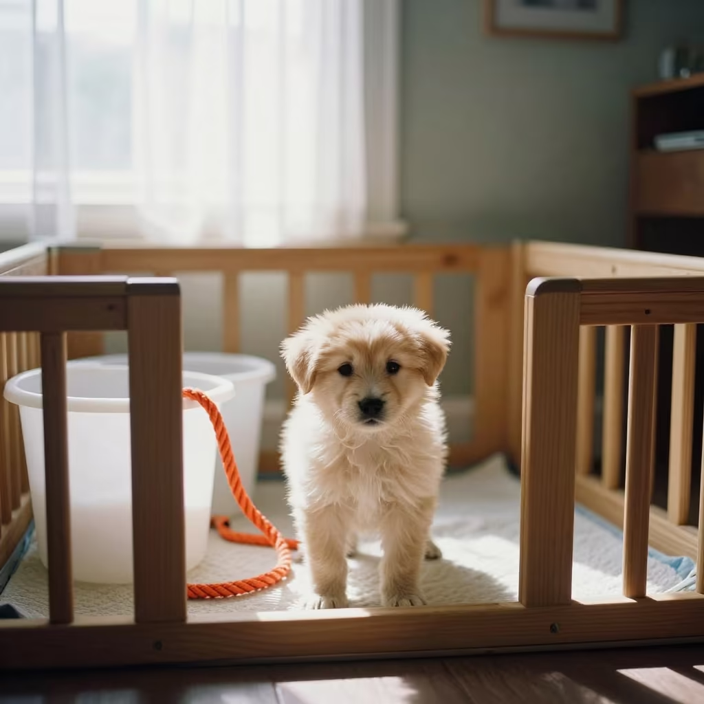 Puppy Socialization Pen with Mop Buckets in inside an adoption room near Victoria