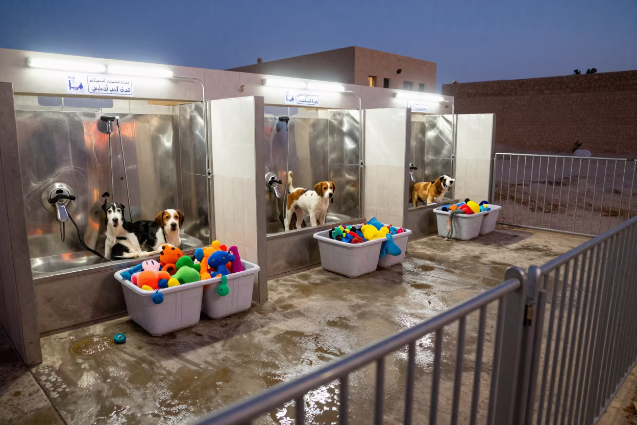 Puppy Socialization Toys at Dog Wash Station in at a self-serve dog wash station in Jisr ash-Shughur