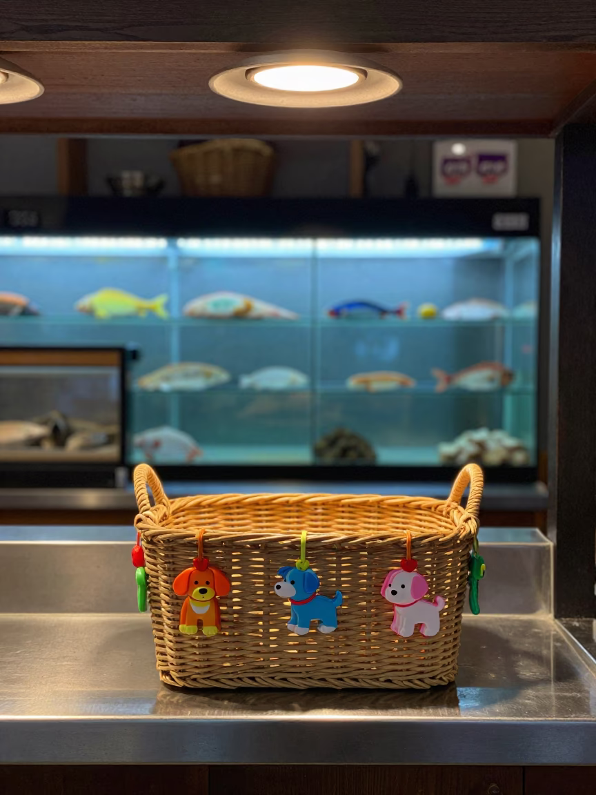 Puppy Tag Basket on Fish Counter Dawn Light in inside a fish bagging counter zone in Desouk