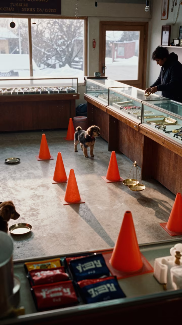 Puppy Training Class Setup at Dawn in Gangtok in inside a jeweler's stall with brass scales and trays near Gangtok