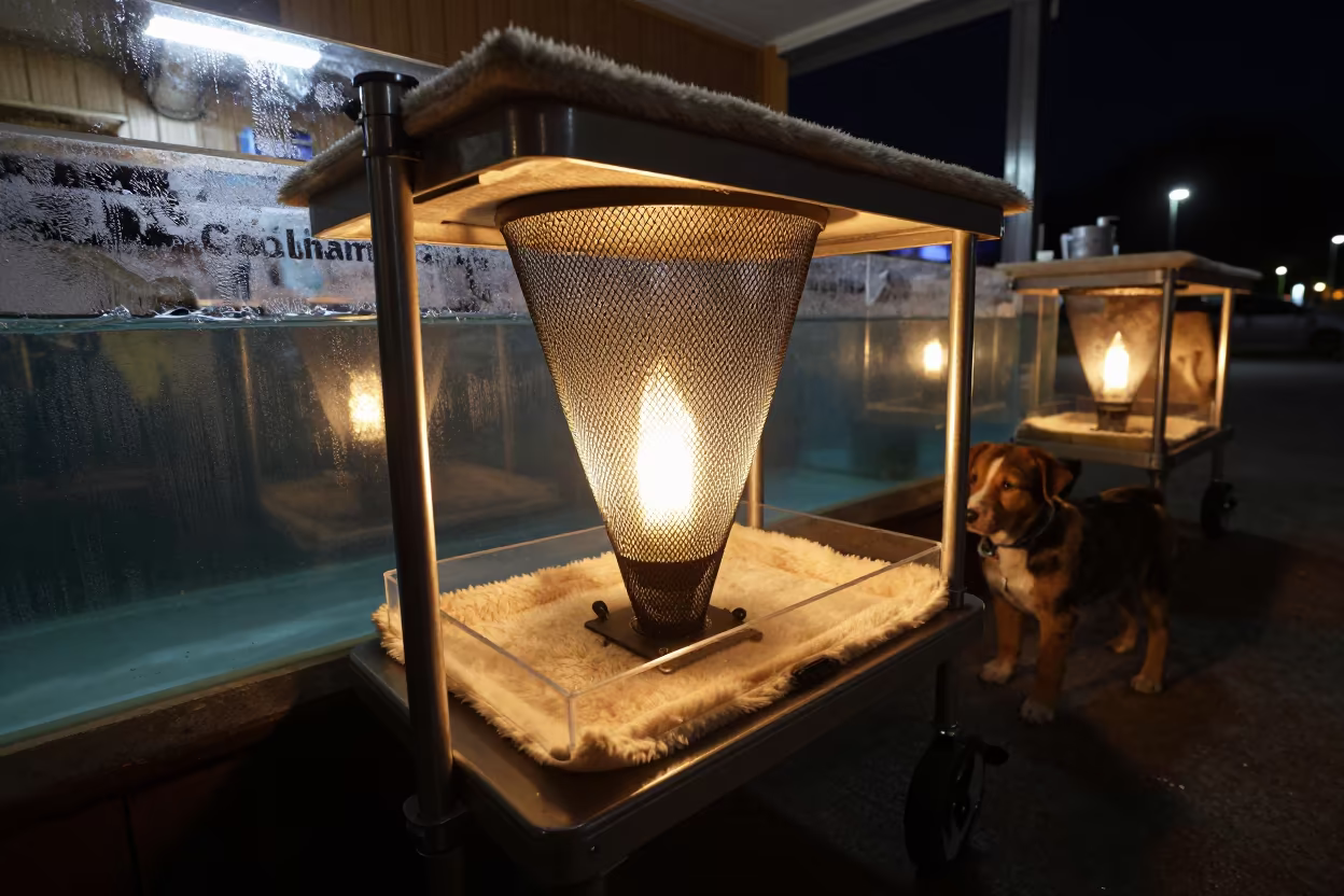 Puppy Training Cone Cart in Colina Utility Light in inside a fish bagging counter zone in Colina