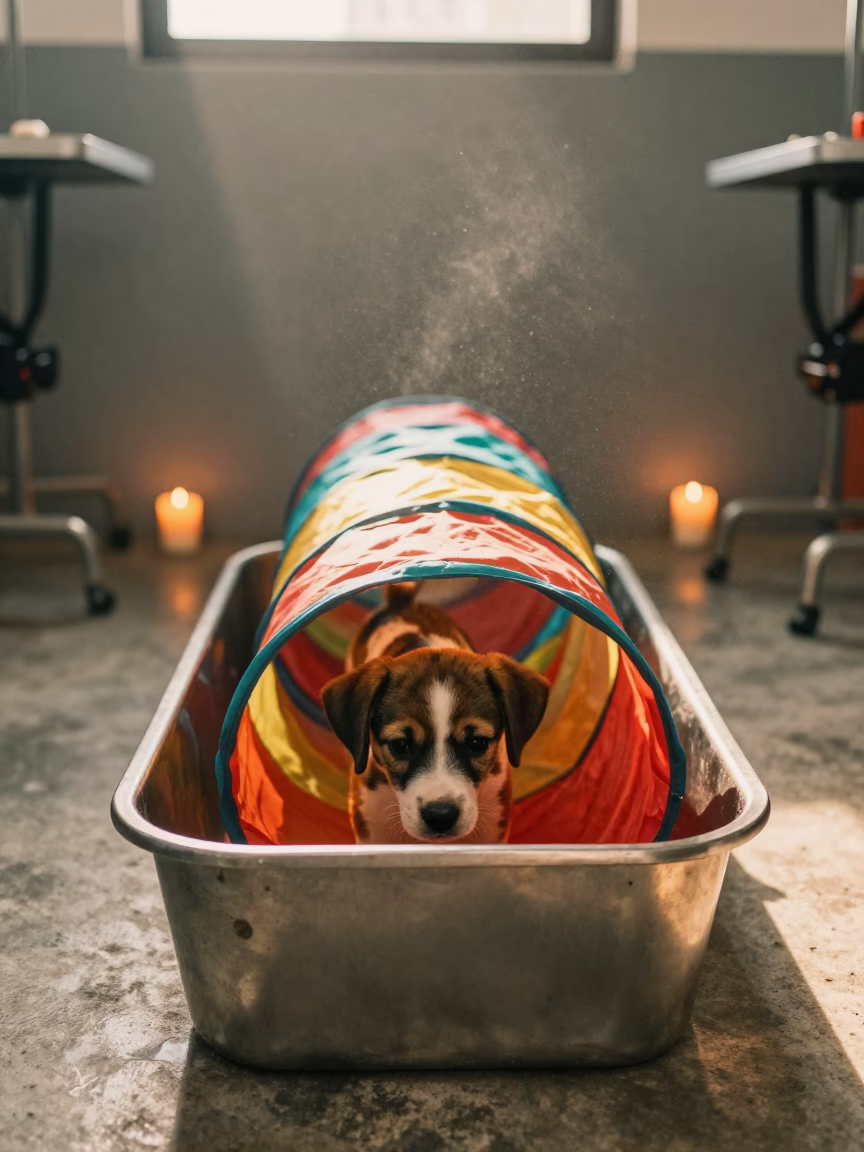 Puppy Tunnel Bin in Golden Hour Grooming Bay in inside a grooming bay in Indore