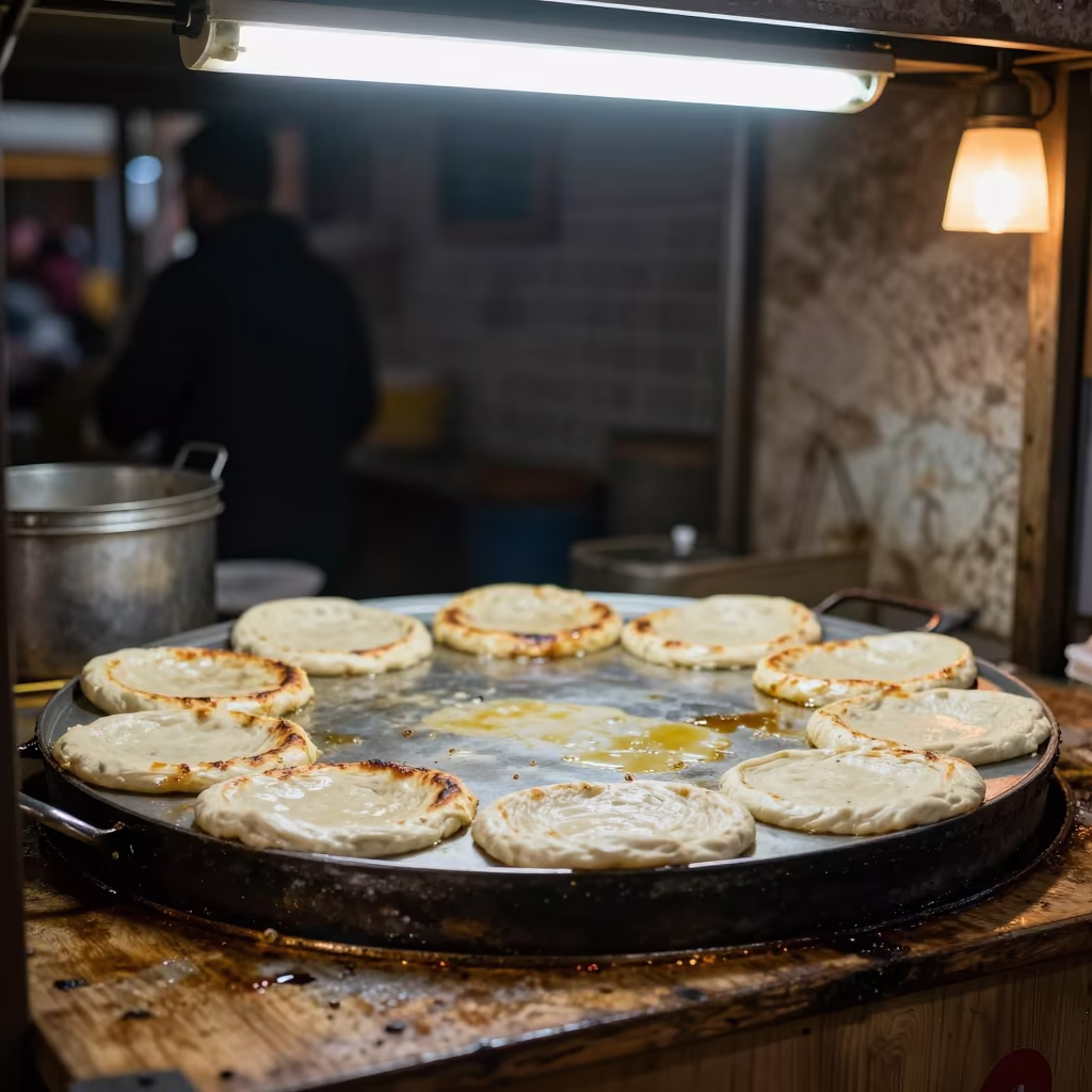 Pupusas Cooking on Comal at Aleppo Dawn in at a market stall counter in Aleppo