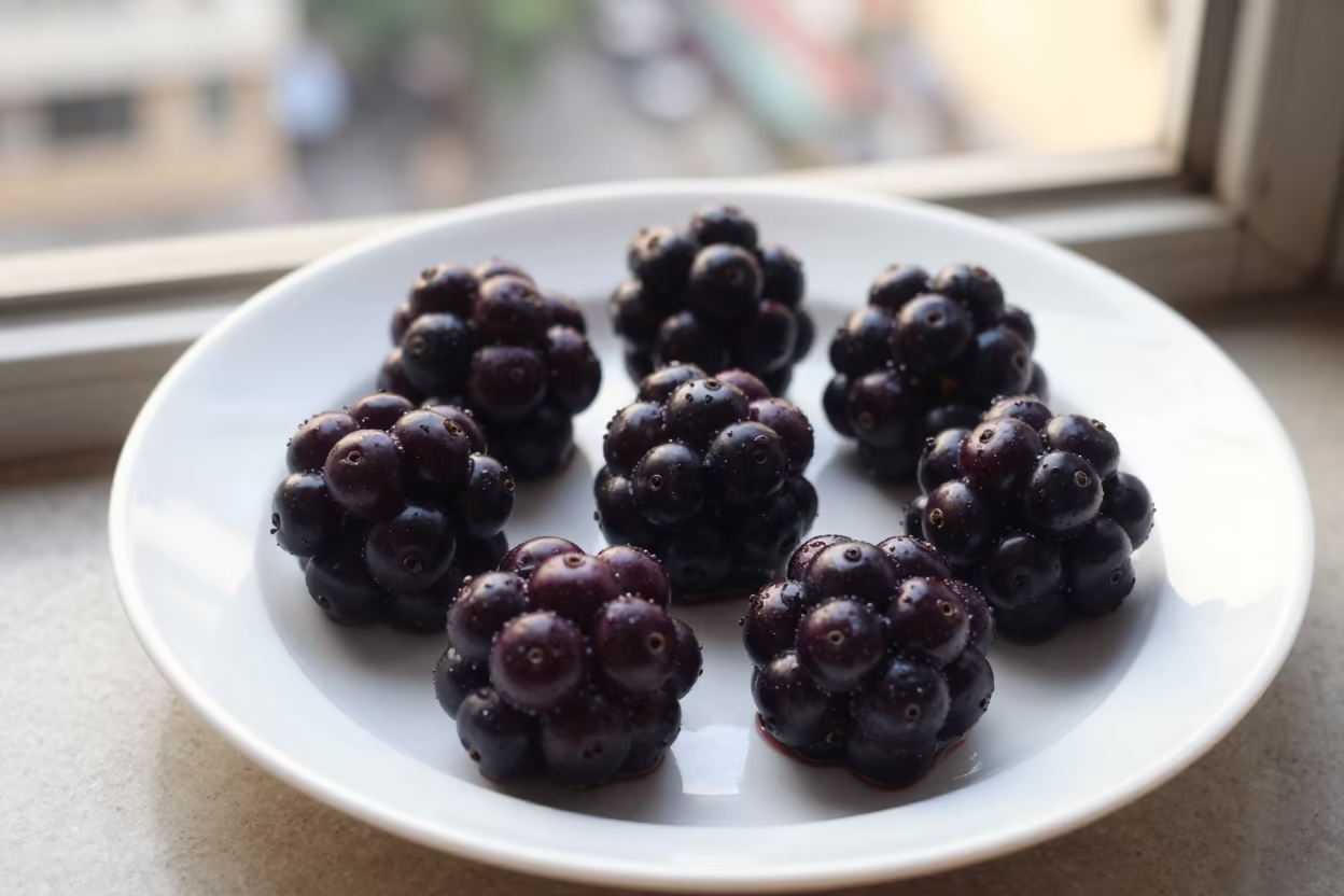 Purple Açaí Berries on Ceramic Plate in on a ceramic plate by a window in Ho Chi Minh City
