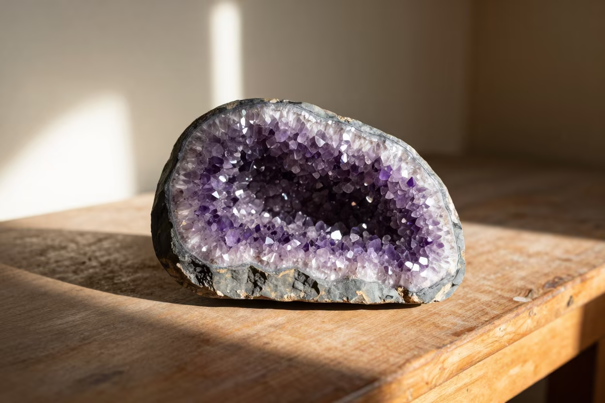 Purple Amethyst Geode on Wooden Workbench in on a wooden workbench in Udaipur